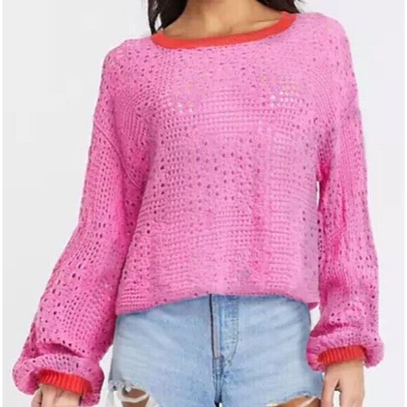 Free People Sweater Womens XS Home Run Cropped Crochet Open Knit Pink - Picture 1 of 8